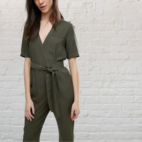 French Connection Olive Tencel Jumpsuit 8 Wrap Tie Military Casual - Picture 8 of 16
